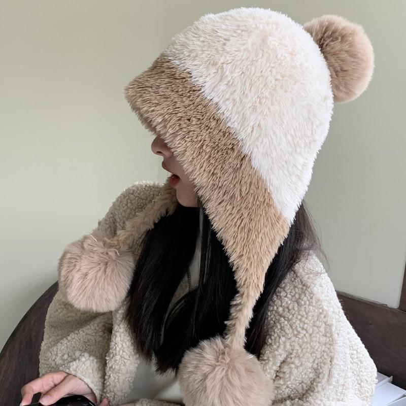 Bear plush hat women's winter splicing knitted wool hat outdoor riding ear protection bag head thermal hat