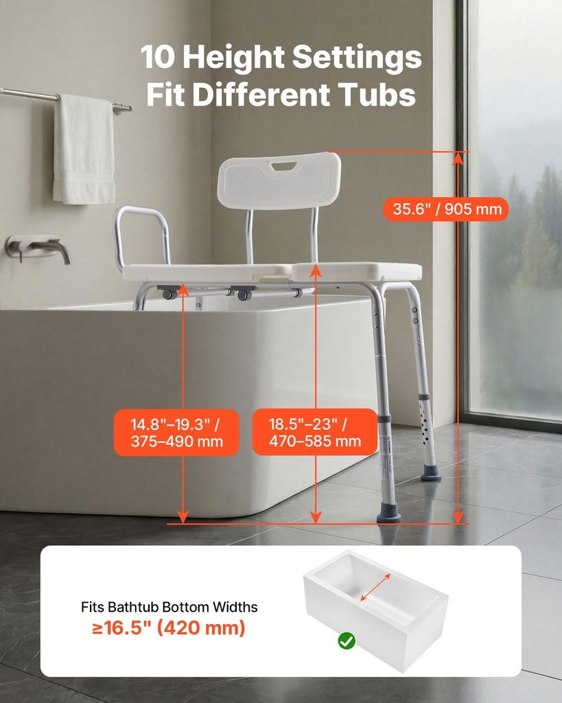Tub Transfer Bench for Bathtub, 180 Kg Capacity Heavy Duty Shower Chair with Arm, Backrest and Curtain Slot, Height Adjustable Shower Bench Bath Seat
