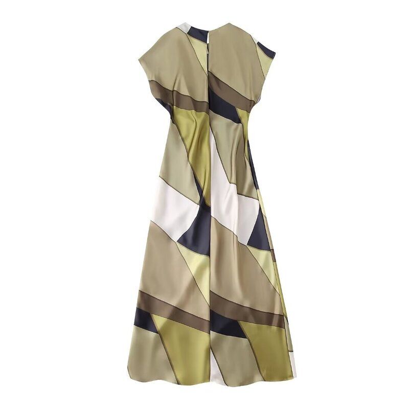 2024 Summer New Arrival Elegant Silm Short Sleeve Bow Tie Silk Satin Texture Print Midi Skirt Dress 2454163