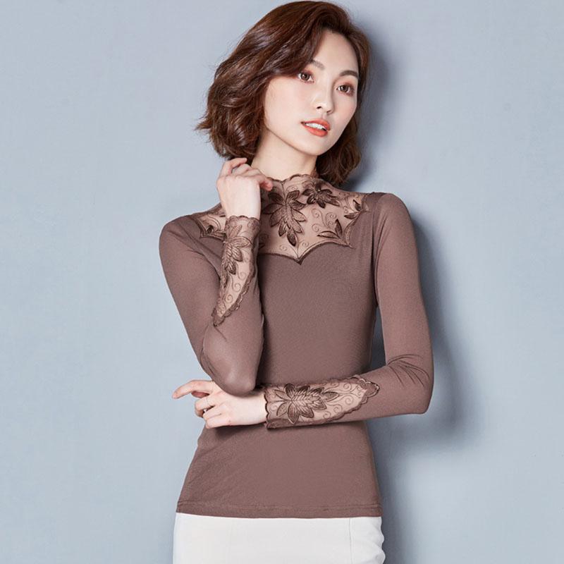 Hollow Out kobiety styl wiosenny i jesienny koronkowe bluzki koszule Casual z długim rękawem Patchwork łączone golfem Blusas topy