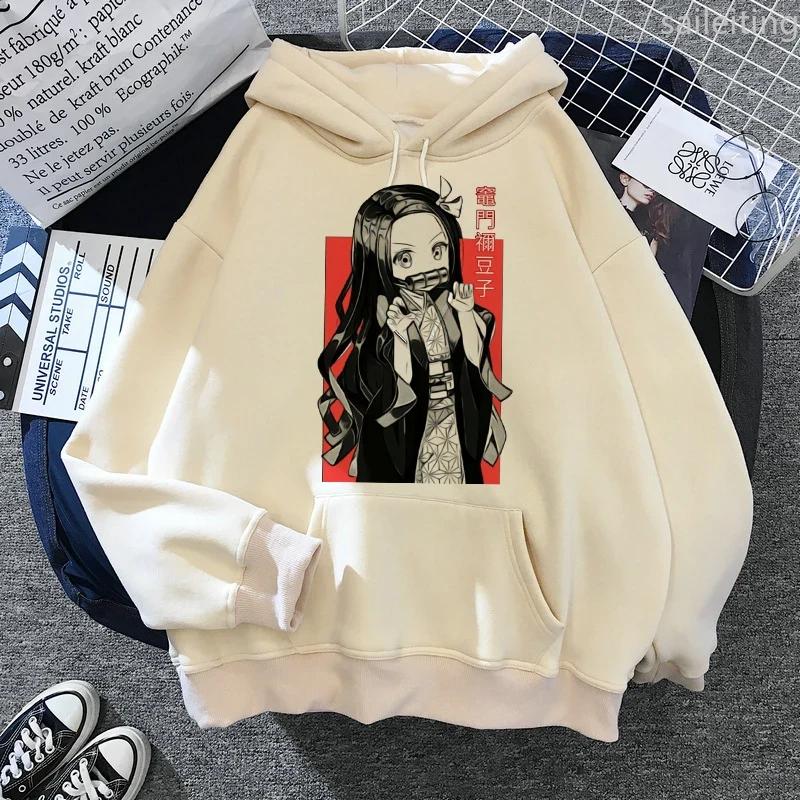 Japan Anime Demon Slayer Hoodies Japanese Casual Kangaroo Pocket Hoodie Harajuku Cartoon Manga Khaki Pullovers Aesthetic Clothes
