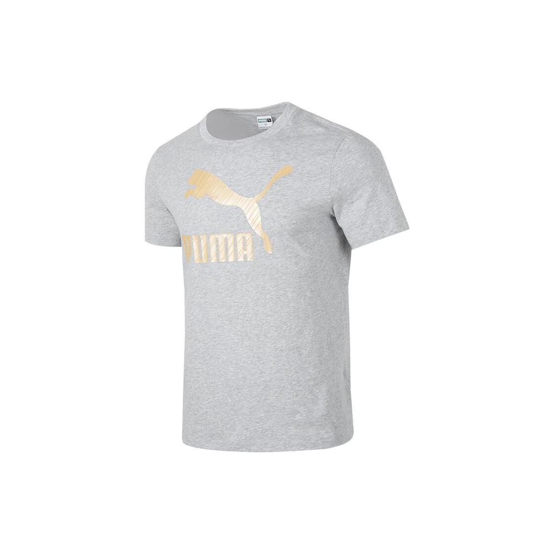

New PUMA CLASSICS T Shirt Unisex Light Gray Gold Logo 625824-04 S