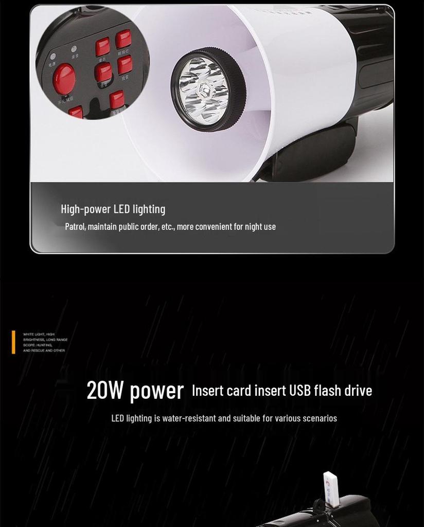 Thunder King CR-66 Bluetooth Megaphone with LED Lights, USB Card Slot, and Recording Feature.