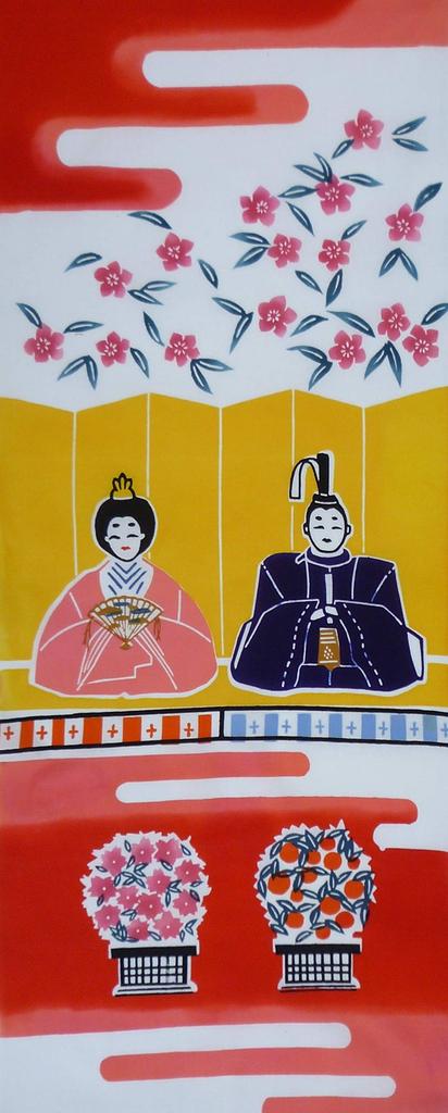 Todaya Shoten Tenugui Hand Hina Doll 295 Niwaen-zome Towel, (Peach Blossom)