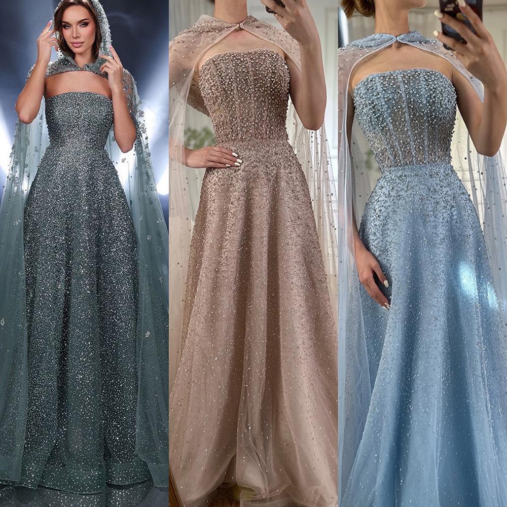 Aqua green tube top with hooded long shawl A-shaped skirt high-end elegant art test solo dress LA11119A