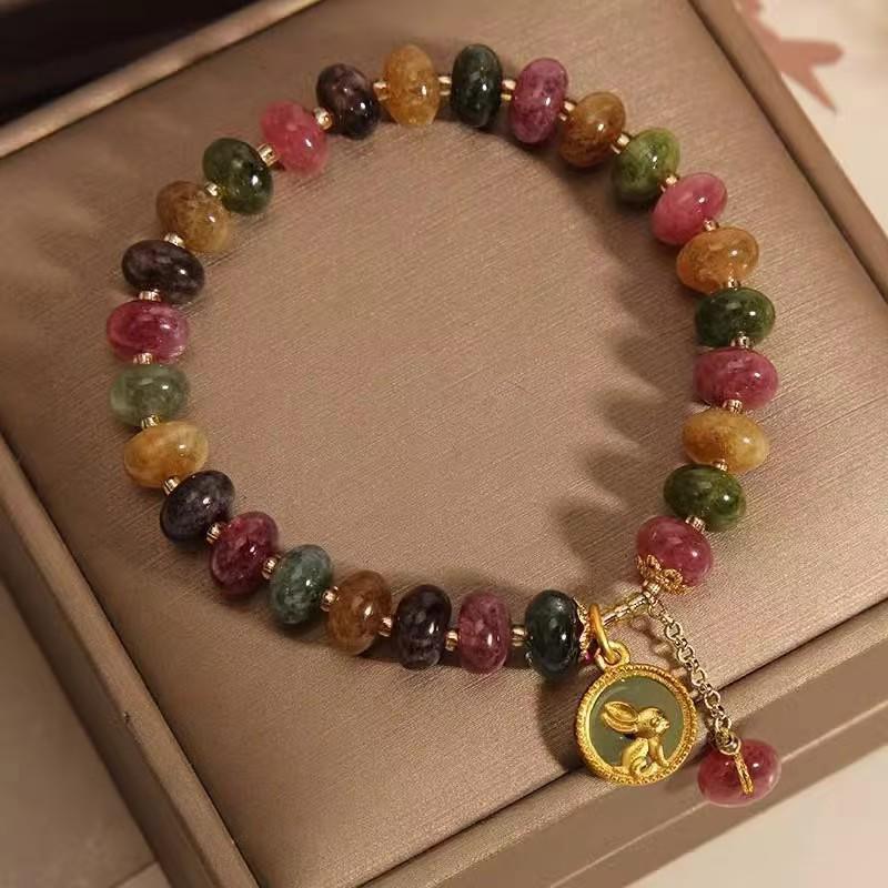 Women's Retro Jade & Tourmaline Bracelet with Moon Rabbit Pendant and Blessing Card