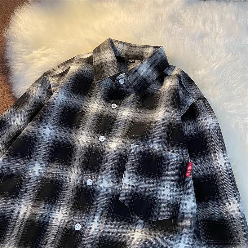 Dame Retro Rutete Langermet Skjorte - Løs Passform, Pluss Størrelse, Koreansk Stil, Vår Yttertøy