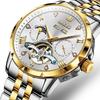 OLEVS Men's Automatic Mechanical Watch with Moon Phase Display, Stylish Skeleton Design, Waterproof, Popular, Luminous Watch, White & Gold