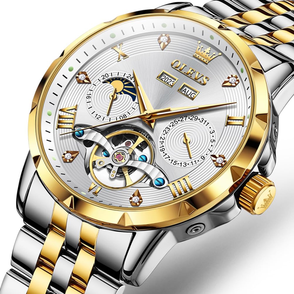 OLEVS Men's Automatic Mechanical Watch with Moon Phase Display, Stylish Skeleton Design, Waterproof, Popular, Luminous Watch, White & Gold