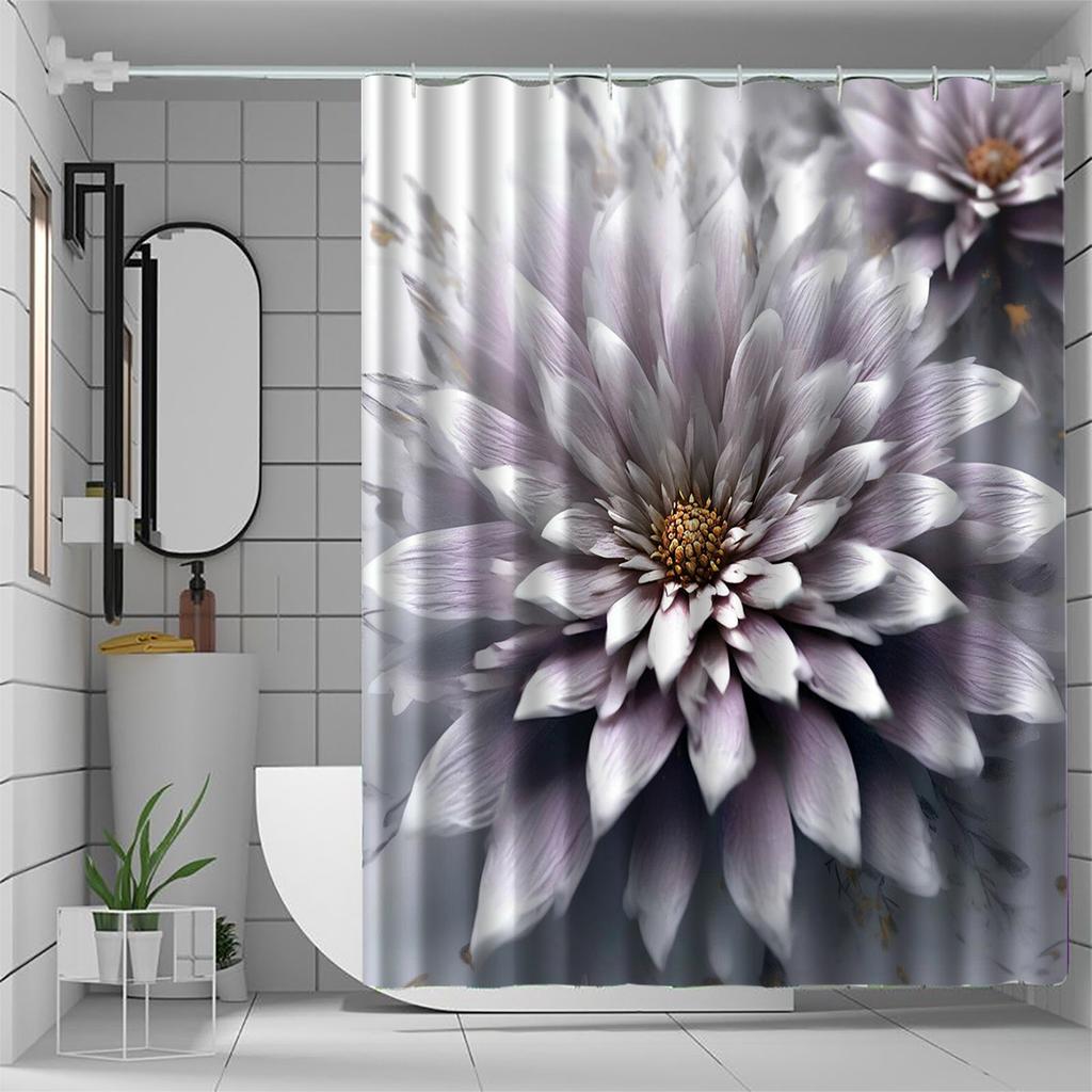 1pc White Floral Print Shower Curtain, Polyester Fabric, Machine Washable, Suitable for Bathroom Decoration