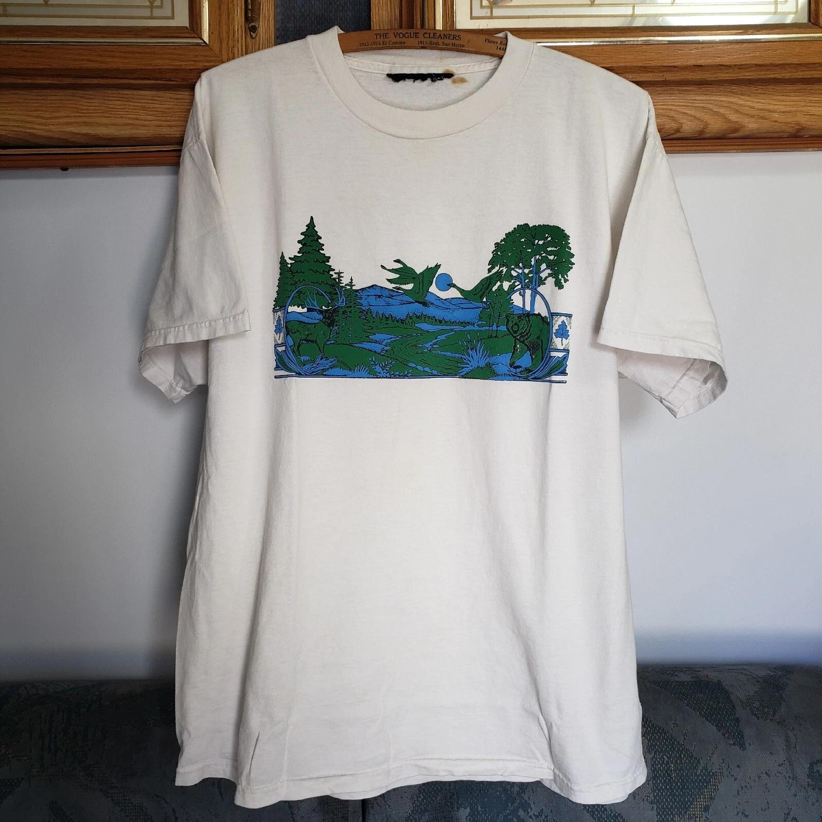 

Vintage Y2k Mens XL Bear Deer Ducks T-shirt Blue Green Graphic Hunting Nature L