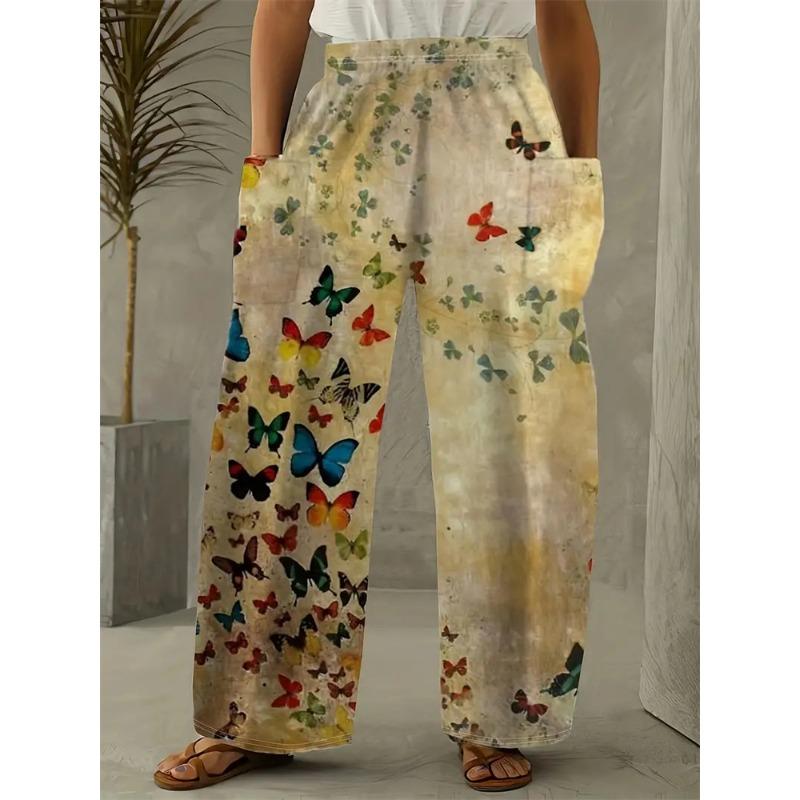 Fashion Flowers Butterfly Print Pants Casual Delicate Ladies Wide-legged Pants Autumn Hundred Retro Street Shooting Pants