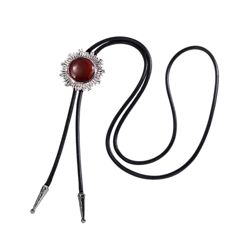 Vintage Sun Shape Gem Stone Bolo Tie Cowboy Costume Accessory for Men and Women Western Braided Cord Necktie Necklace