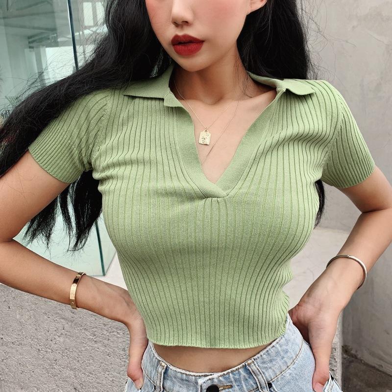 Retro Lapel Knit Short-sleeved T-shirt Female V-neck Slim Short Section of The Navel Heart Machine Tops Casual Essential Slim Fit Pullovers Tees