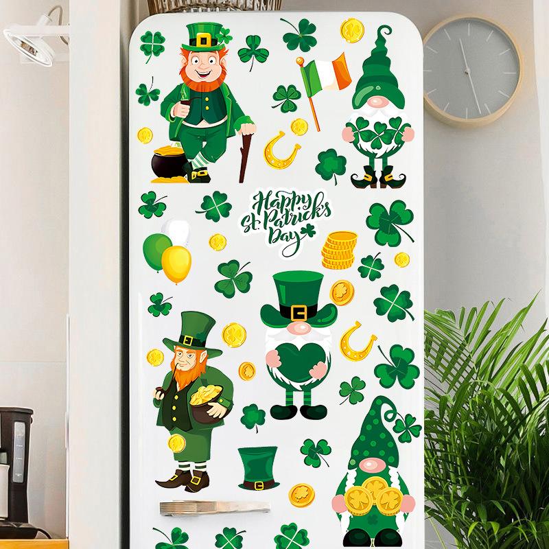 St. Patrick’s Day Window Clings Shamrock 4 Leaf Clover Irish Gnome Cartoon Glass Sticker Static Removable Holiday Decor