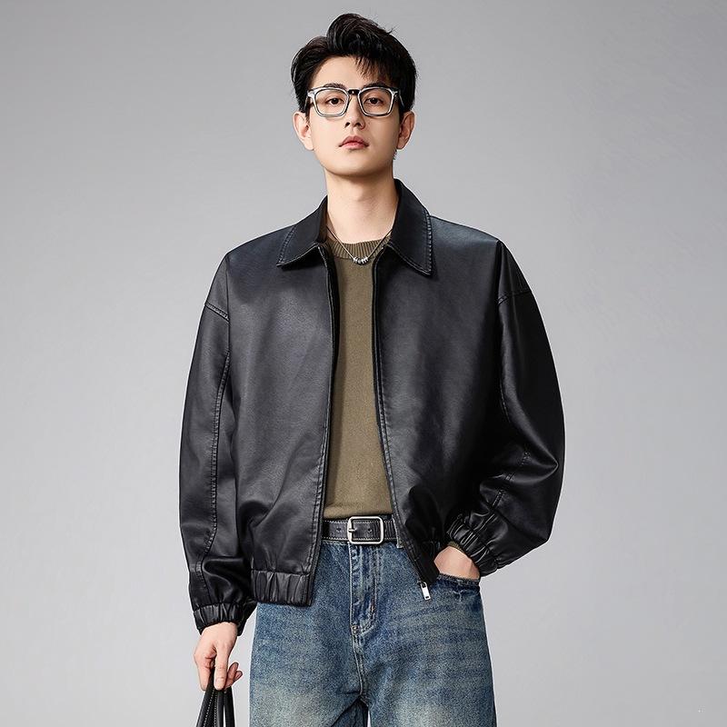 New PU leather jacket for men, American vintage workwear style, tough relaxed style, old money street style, minimalist