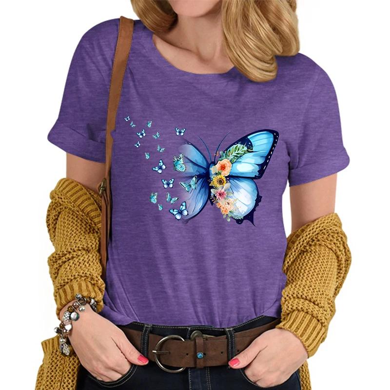 Flower Butterfly Lover Casual Tops Vintage Flower Design Tshirt Female Butterfly Print Premium Casual Short Sleeve TShirt Women