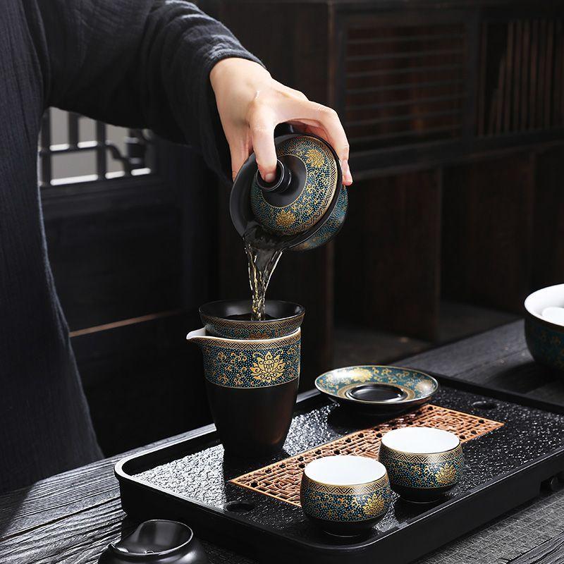 Chinese Style Kung Fu Ceramic Teapot, Teacups, Jug and Filter Set, Hand-Grap Pot, Drinkware Gaiwan, High Quality, Elegant Black