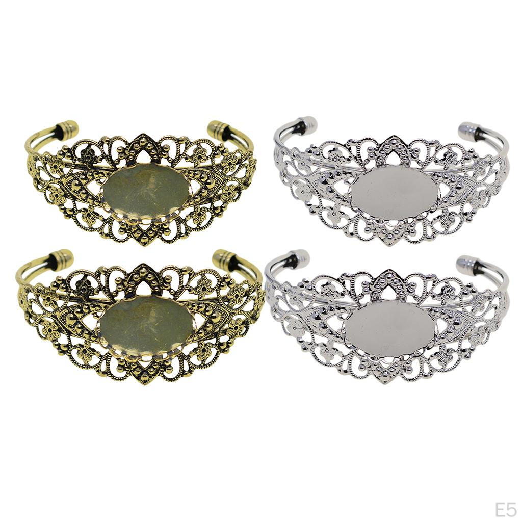 2 Piece DIY Filigree Flower Bracelets Bangle Blank Base Oval Cabochons Charms Bezel Tray Setting