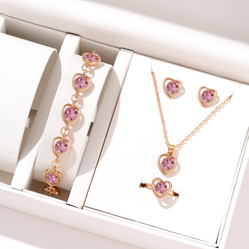 5 Piece Set Women Crystal Love Zircon Fashionable Elegant High End Peach Heart Necklace Earrings Rings Bracelets Necklace Set