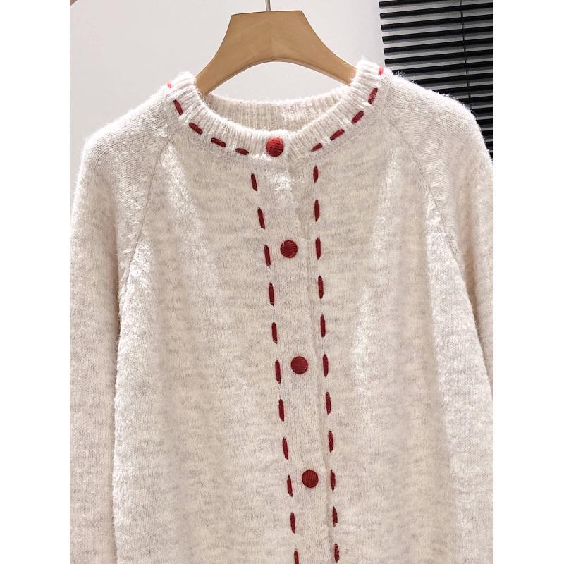 Playful age-reducing red dotted line single-breasted top cardigan women's autumn and winter thickened loose soft waxy knitted sweater jacket