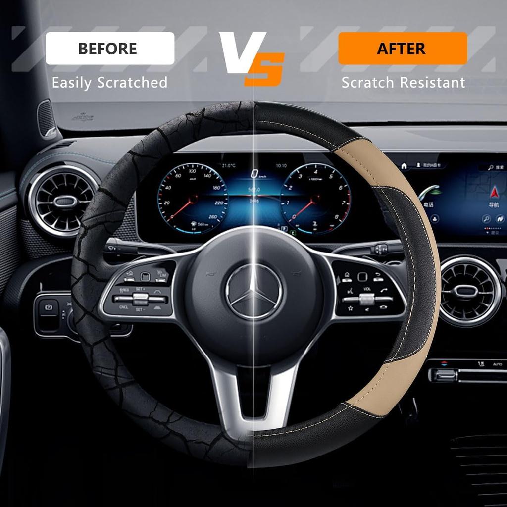 Leather Car Steering Wheel Cover, Non-Slip Car Wheel Cover, Protective Breathable Microfiber Leather, Universal Fit for Most Car