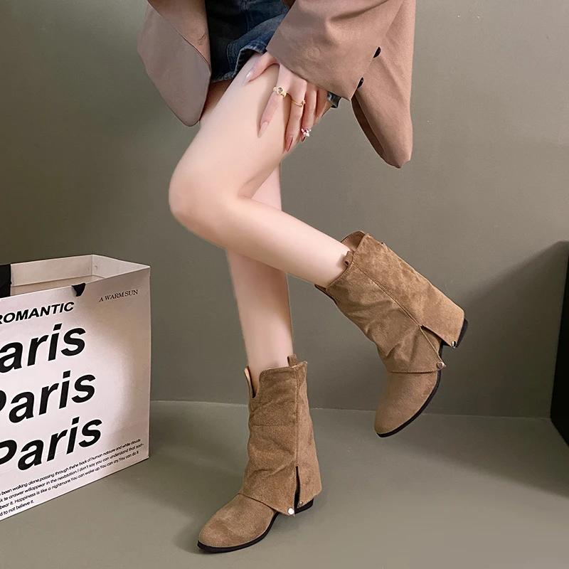 New Retro Style Women Western Cowgirl Boots Fashion Slip On Shoes Autumn Winter Square Low Heel Ladies Night Long Boots