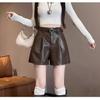 Women's PU Leather High Waist A-Line Shorts - Black, Autumn/Winter 2024 Collection, Slimming Wide-Leg, Casual Loose Fit.