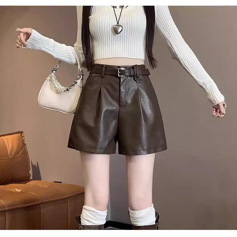 Women's PU Leather High Waist A-Line Shorts - Black, Autumn/Winter 2024 Collection, Slimming Wide-Leg, Casual Loose Fit.