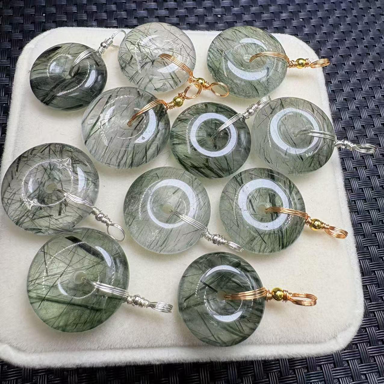 Silver-Wrapped Natural Green Rutilated Quartz Pendant