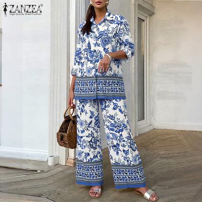 Women Long Sleeve Blouse and Pants Casual Print Two Piece Suit Sets