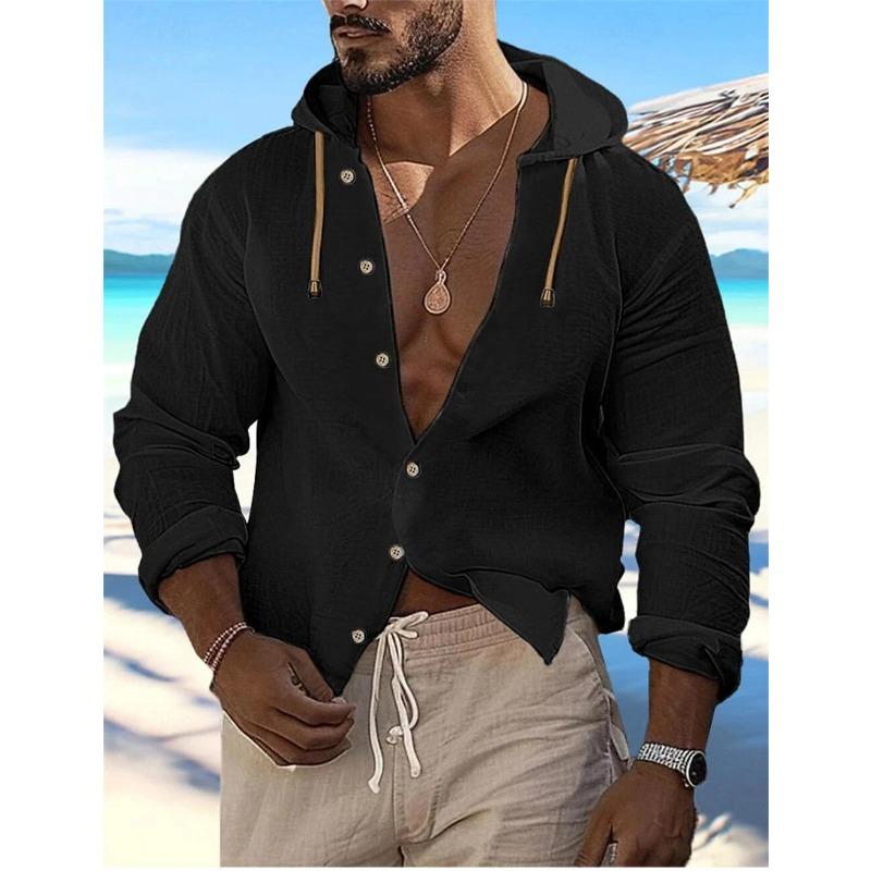 New Spring Summer Men's Hooded Inch Shirt Solid Color Cotton Linen Men's Casual Long-sleeved Button Spliced Hooded Top