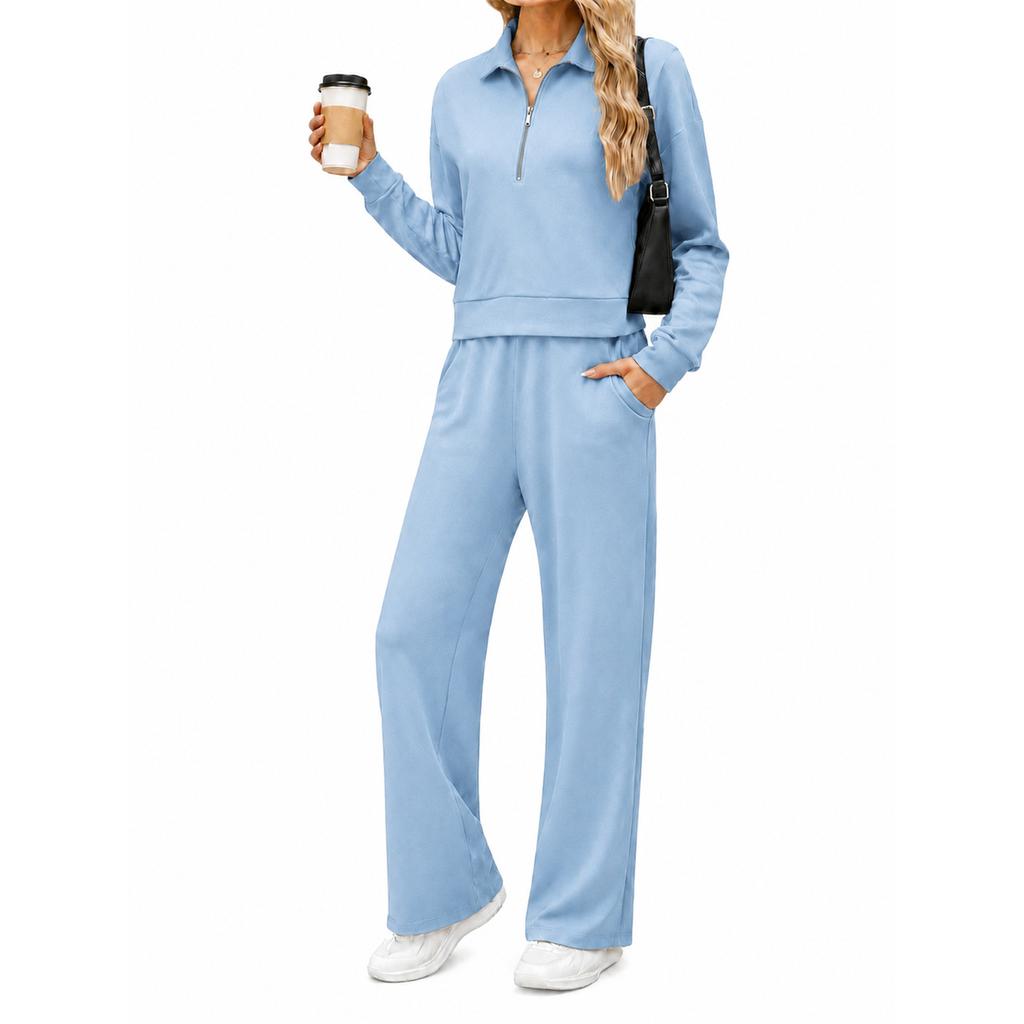 Women's Casual Half Zip Hoodie with Collar and Wide Leg Pants Set
