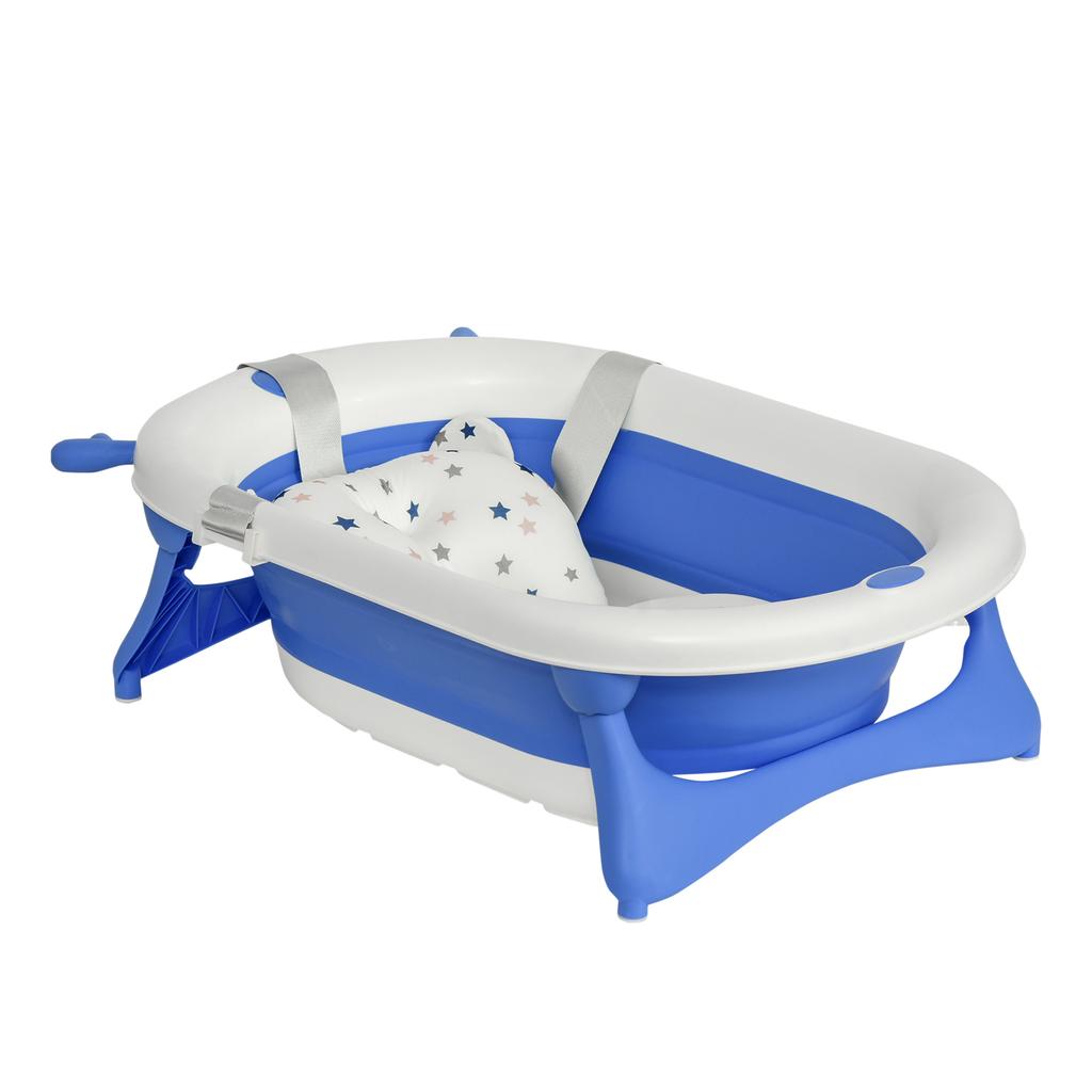 Foldable Baby Bathtub, Newborn to 3 Years, Heat-Sensitive Plug, Blue Cushion, 81.5x50.5x23.5 cm