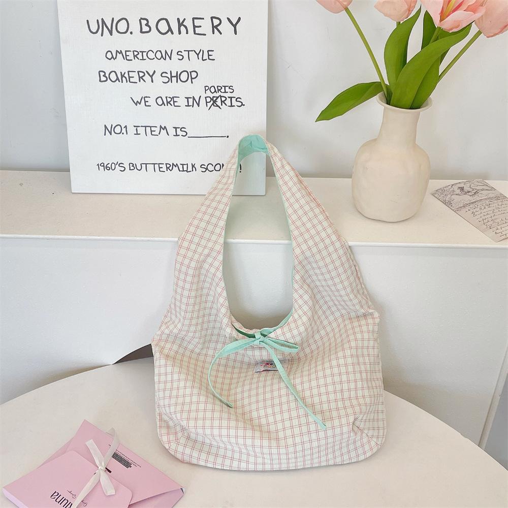 Plaid Candy Color Double Sided Women's Shoulder Bags Sweet Strap Bow Ladies Handbags Large Capacity Portable Female Underarm Bag