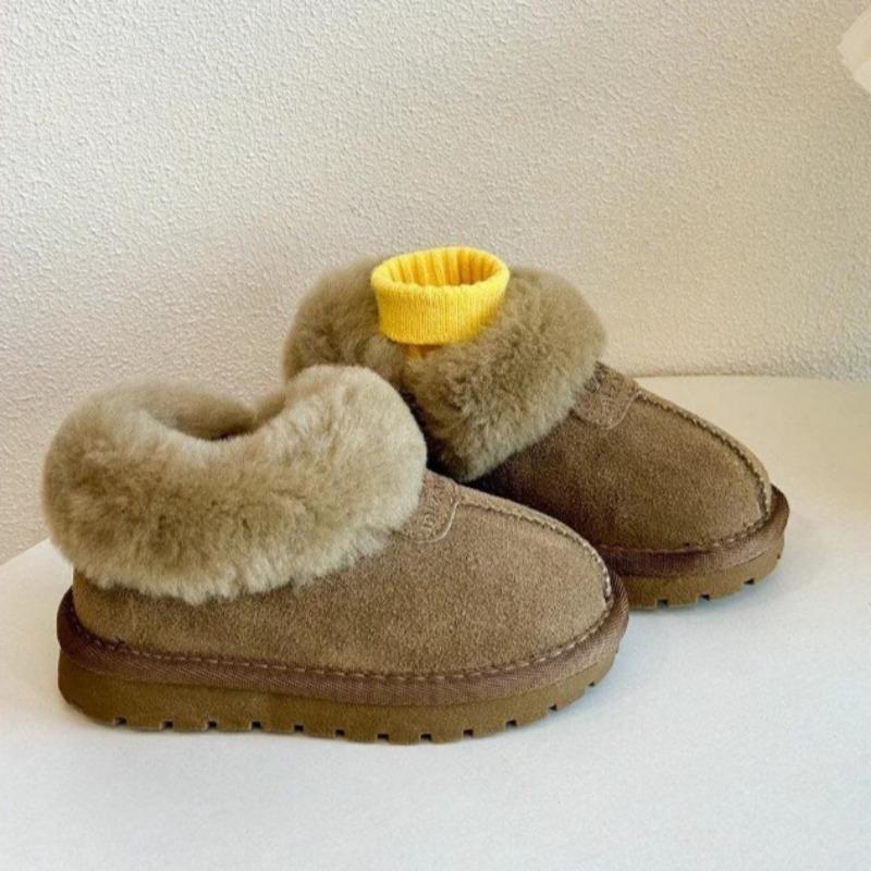 Children's Genuine Leather Snow Boots Lamb Wool Cotton Shoes Korean Style Plus Velvet Thickened Loafers