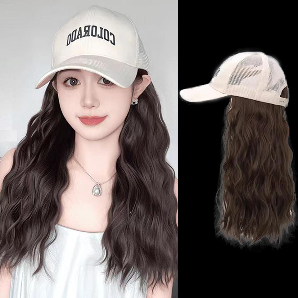 

WTB Hat Wig Integrated Synthetic Wig Female Summer Long Curly Hair Full Head Breathable Thin Baseball Duck Tongue Wig Hat 40CM