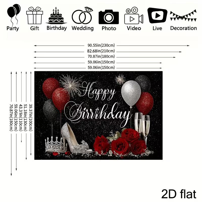 Black Glitter Happy Birthday Backdrop, Red Roses & Balloons for Photoshoot