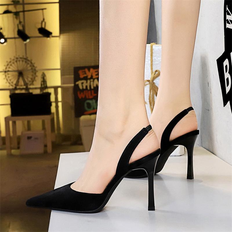 Fashion Women Fashion Simple Pointed Toe High-heeled Summer Sandals Party Black Shallow Mouth Hollow Back Strap Office Slingback Shoes