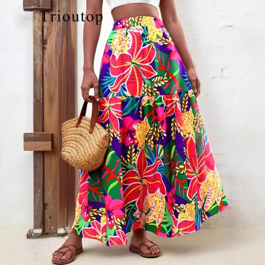 Summer Floral Retro High-Waisted Skirt - European Style Women's Clothing