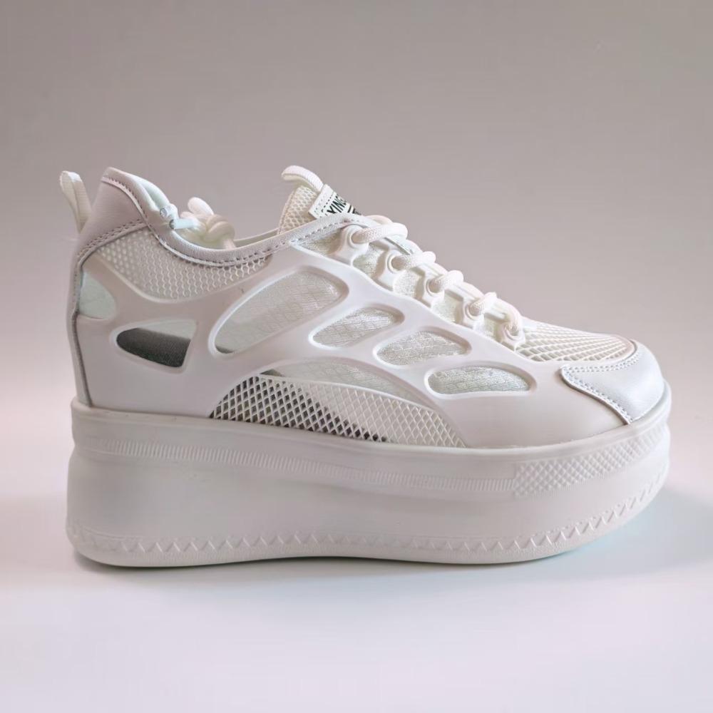 9cm Height Increasing Shoes Women Platform Sneakers Genuine Leather White Shoes Breathable Mesh Ladies Casual Shoes