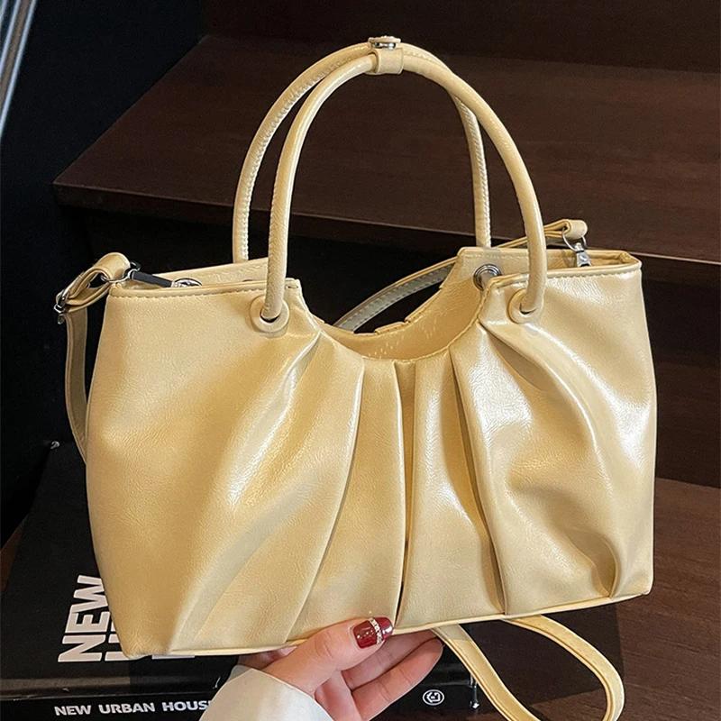 Vintage Pleated Women Crossbody Bag Fashion Pu Leather Tote Bucket Bag Large Capacity Commuting Shoulder Handbag