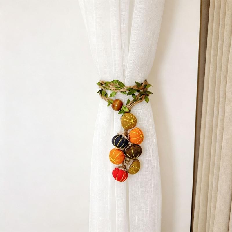 Harvest Curtain Holdback in Polyester with Pumpkin Charms for Window Panels, Door Curtains, and Seasonal Party Displays