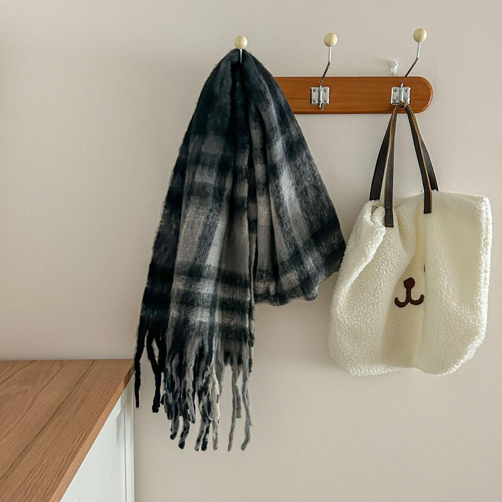 Tonglu Women's Mohair Winter Scarf: Black & White Plaid, High-End, Thick & Warm Neck Warmer