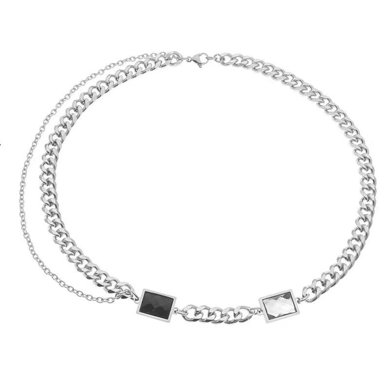 

Titanium steel non-fading thick chain black and white crystal necklace men and women tide hip hop personality advanced sense simple collarbone chain