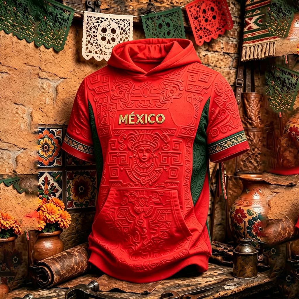 Men's Casual Retro Lightweight Short Sleeve Hoodie with Mexico Graphic Print