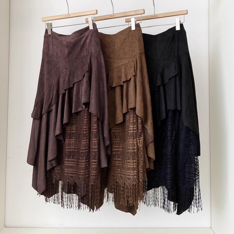 Lace splicing high waist cover slim mid-length skirt women's autumn new Korean version of versatile a-word skirt