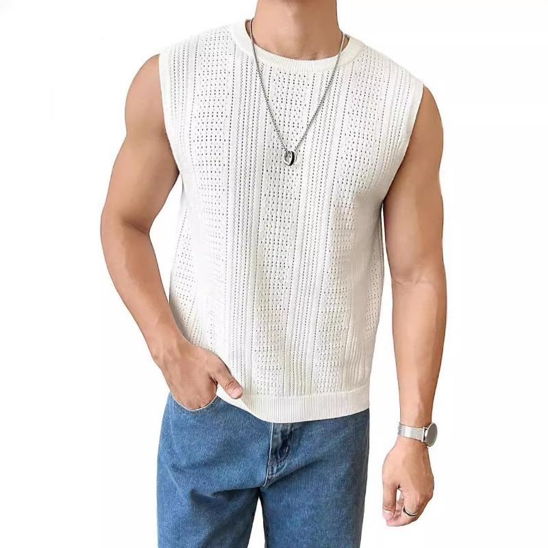 Mens Summer Solid Breathable Round Neck Casual Knitted Sleeveless Top S белый