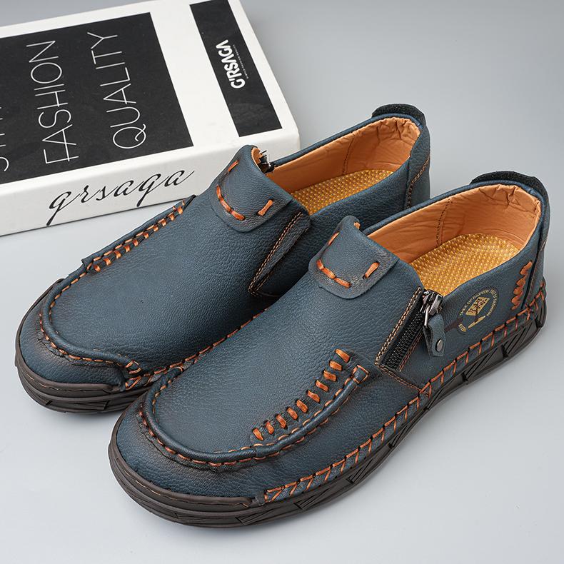 Men's Leather Boots Zipper Low Top Casual Shoes Outdoor Driving Handmade Shoes 39-48