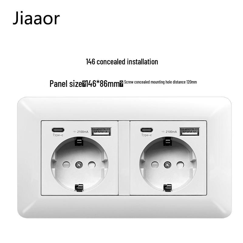 16A White German-Style Double Gang Wall Socket Panel with USB & Type C, European Standard.